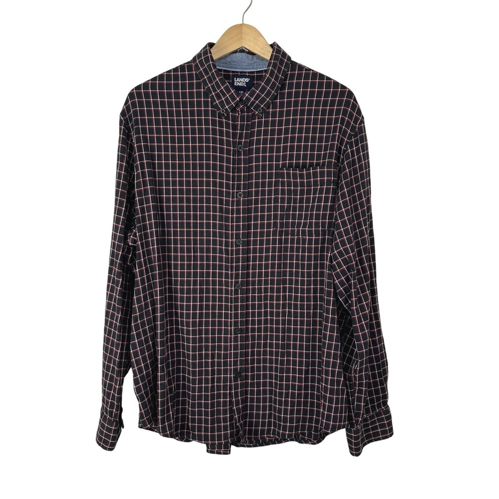 Lands End Button Down Shirt Soft‎ Cotton Mens XXL Mens 2XL Red Black White Check